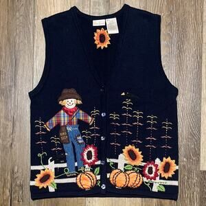 Vtg Bobbie Brooks Halloween Fall Scarecrow Ramie Knit Sweater Vest Size Small